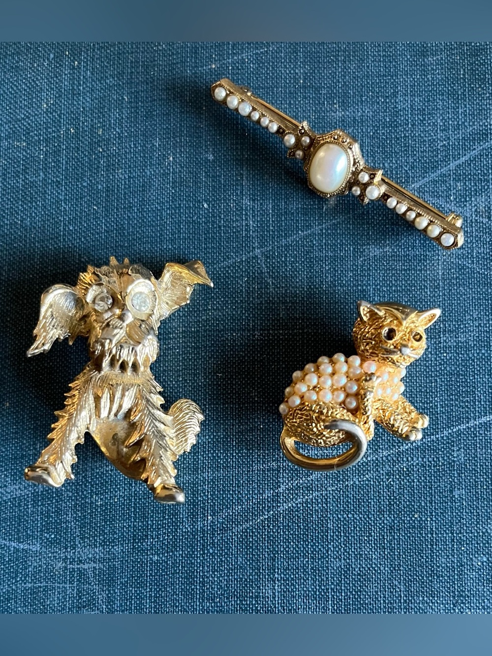 Gold-Tone Cat Dog & Stick Pin Brooch Set with Faux Pearls
